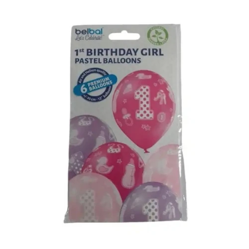 BALONY 12" +/- 30cm Z NADRUKIEM 1 URODZINY NIBY DLA DZIEWCZYNKI ALIGA 6szt.