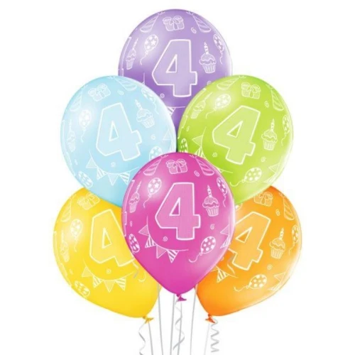 BALONY 12" +/- 30cm Z NADRUKIEM 4 URODZINY ALIGA MIX KOLORÓW 6szt.