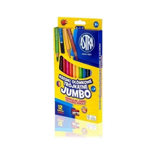 Kredki ołówkowe trójkątne JUMBO 12 kolorów ASTRA + temperówka /312110007/