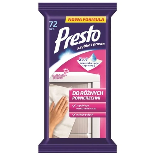 Ściereczki nawilżane do różnych powierzchni uniwersalne PRESTO 72szt. /HR-011477/