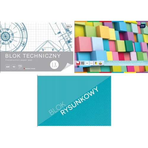 Zestaw blok rysunkowy techniczny blok rysunkowy biały i blok techniczny kolorowy INTERDRUK A4 3szt.