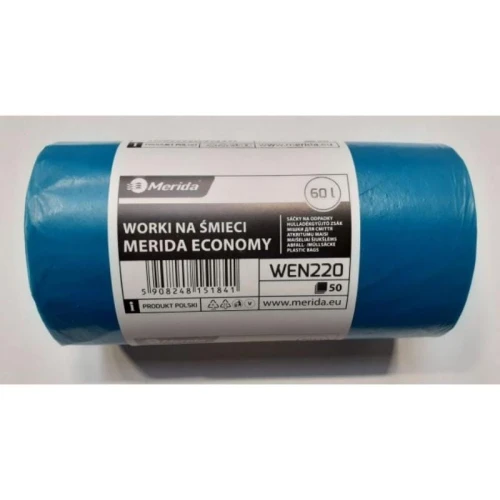 Worki na śmieci 60L LDPE 20µm 59x69cm MERIDA economy niebieskie rolka 50szt. /WEN220/
