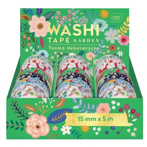 Taśma klejąca/dekoracyjna 15mm x 5m INTERDRUK WASHI GARDEN mix wzorów 1szt.