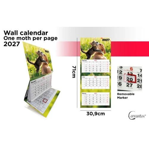 Kalendarz trójdzielny 309x710mm MAIN PAPER 2027 zwierzaki 1szt.