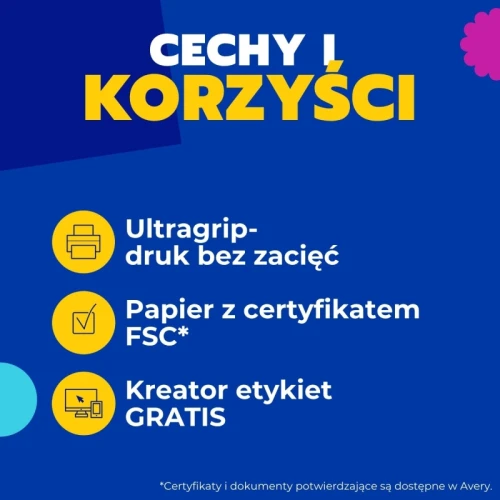 Etykiety papierowe 105x33,8mm AVERY ZWECKFORM ultragrip 100ark 1600etykiet białe