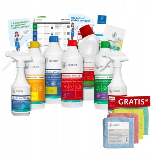 Pakiet profesjonalnych środków czystości Mediclean Medisept 7 produktów + akcesoria